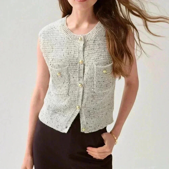 Light Grey Women's Casual Blend Gray Button Trimmed Sweater Vest - Picture 8 of 8